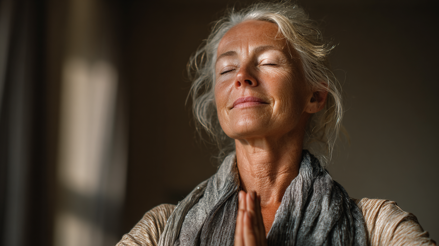 Група хора в зряла възраст практикуват йога в светла зала